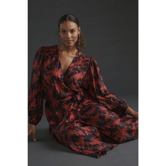 Anthropologie x Caballero Silky Abstract Wrap Midi Dress Red & Black Anthro XS - Picture 16 of 16